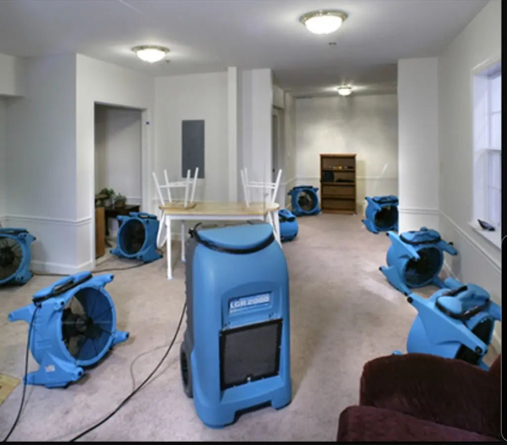 Air movers and dehumidifier setup for Water Damage Restoration in West Caln